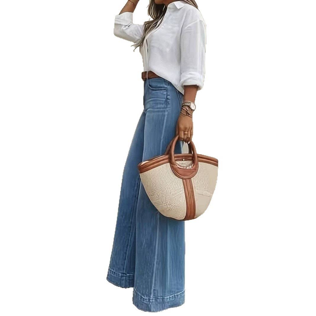 Vintage Washed High Rise Wide Leg Denim Jeans: Blue / M