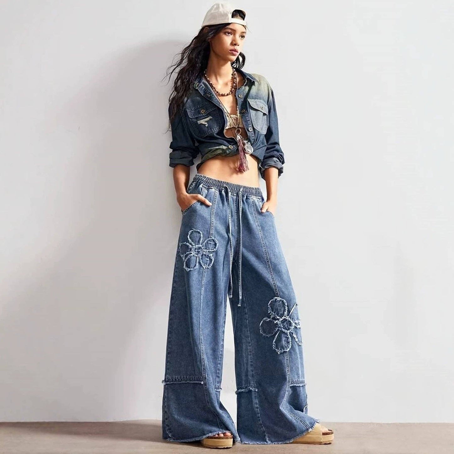 Vintage Boho Floral Patch Wide Leg Denim Pants: Vintage blue / M
