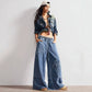 Vintage Boho Floral Patch Wide Leg Denim Pants: Vintage blue / M