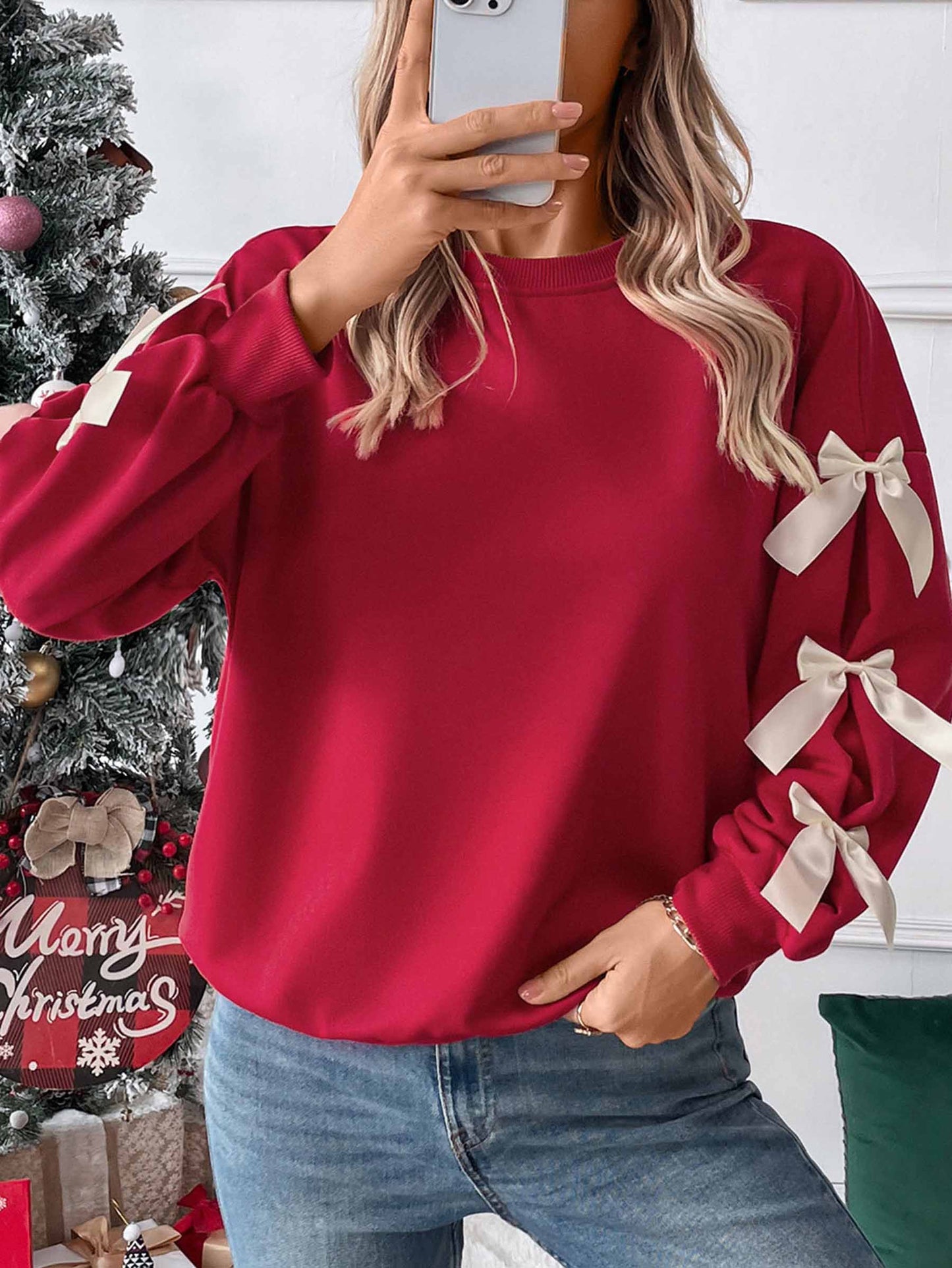 Round Neck Bow Red Christmas Hoodie