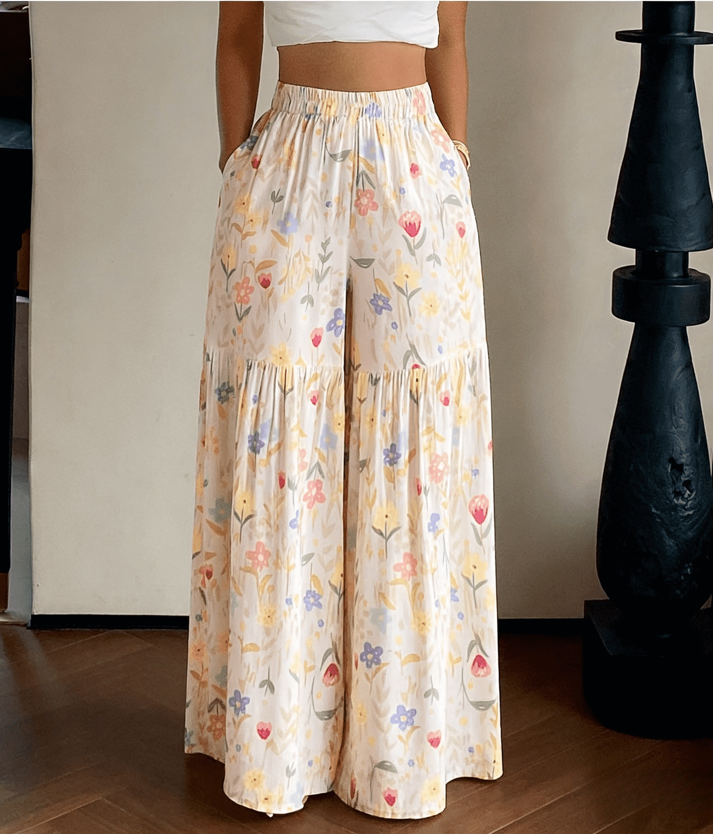Boho Floral Wide-leg Pants Flare Tiered Trousers