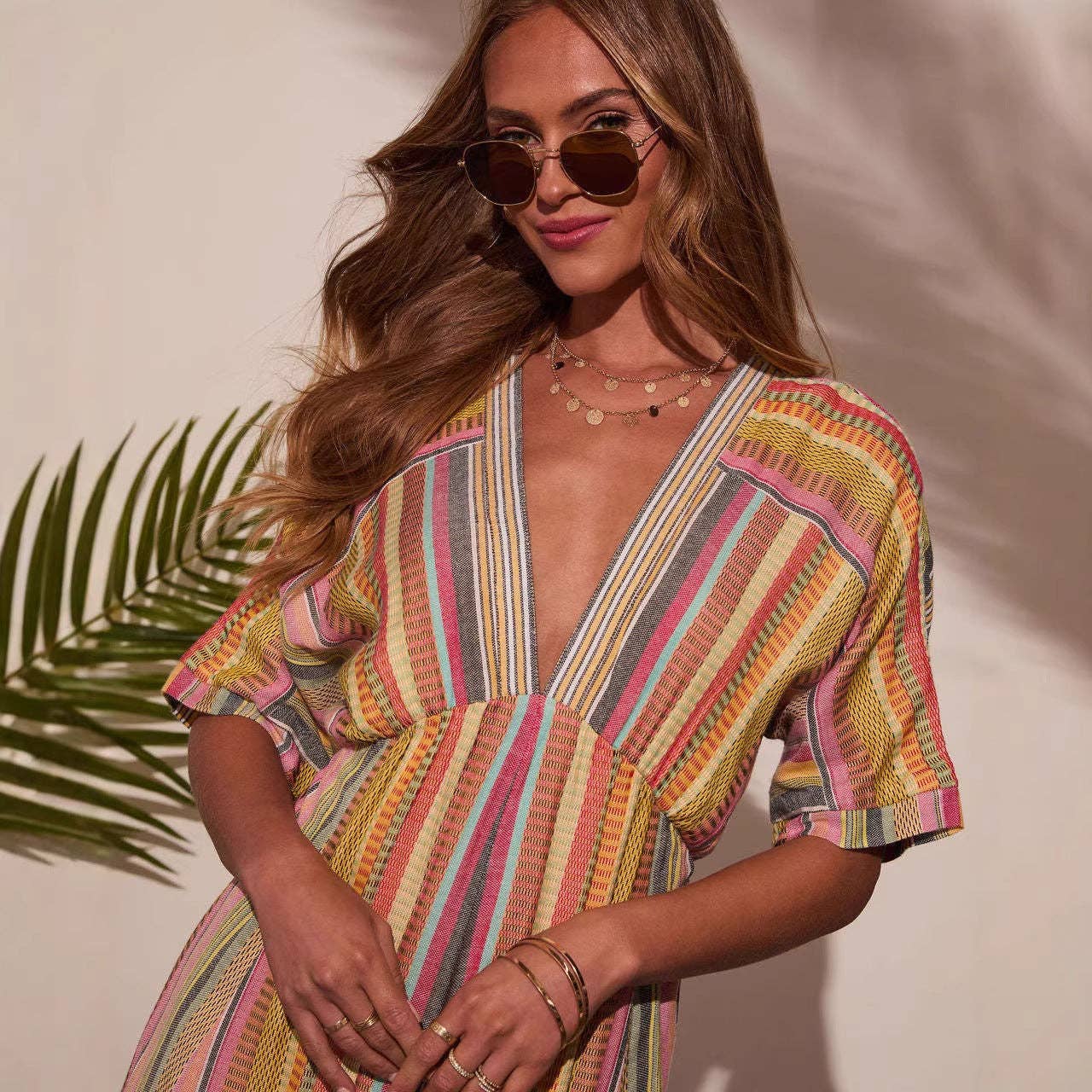 Summer Casual Resort-Style V-Neck Striped Dress: Picture color