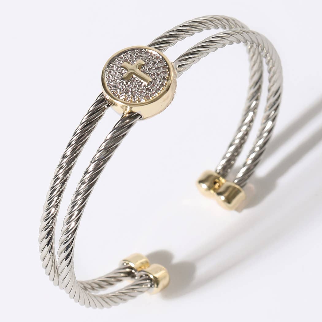 Cross Detail Twisted Double Wire Cuff Bangle Bracelet