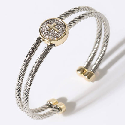 Cross Detail Twisted Double Wire Cuff Bangle Bracelet