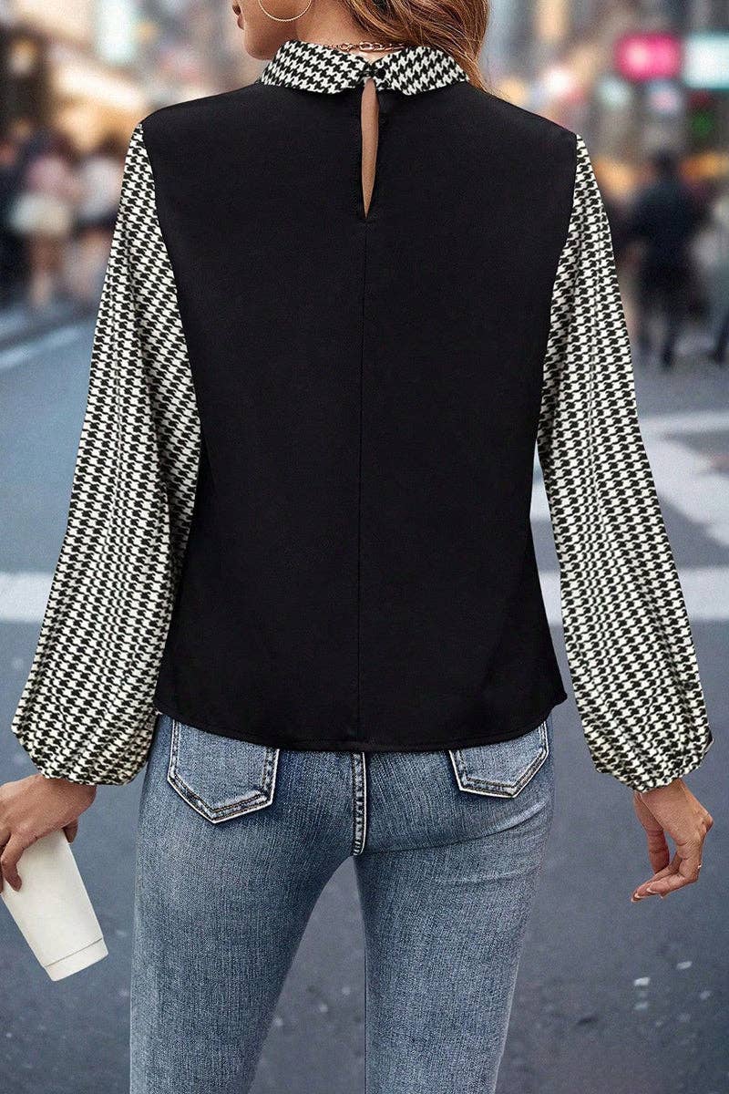 Houndstooth Collar Long Sleeve Blouse