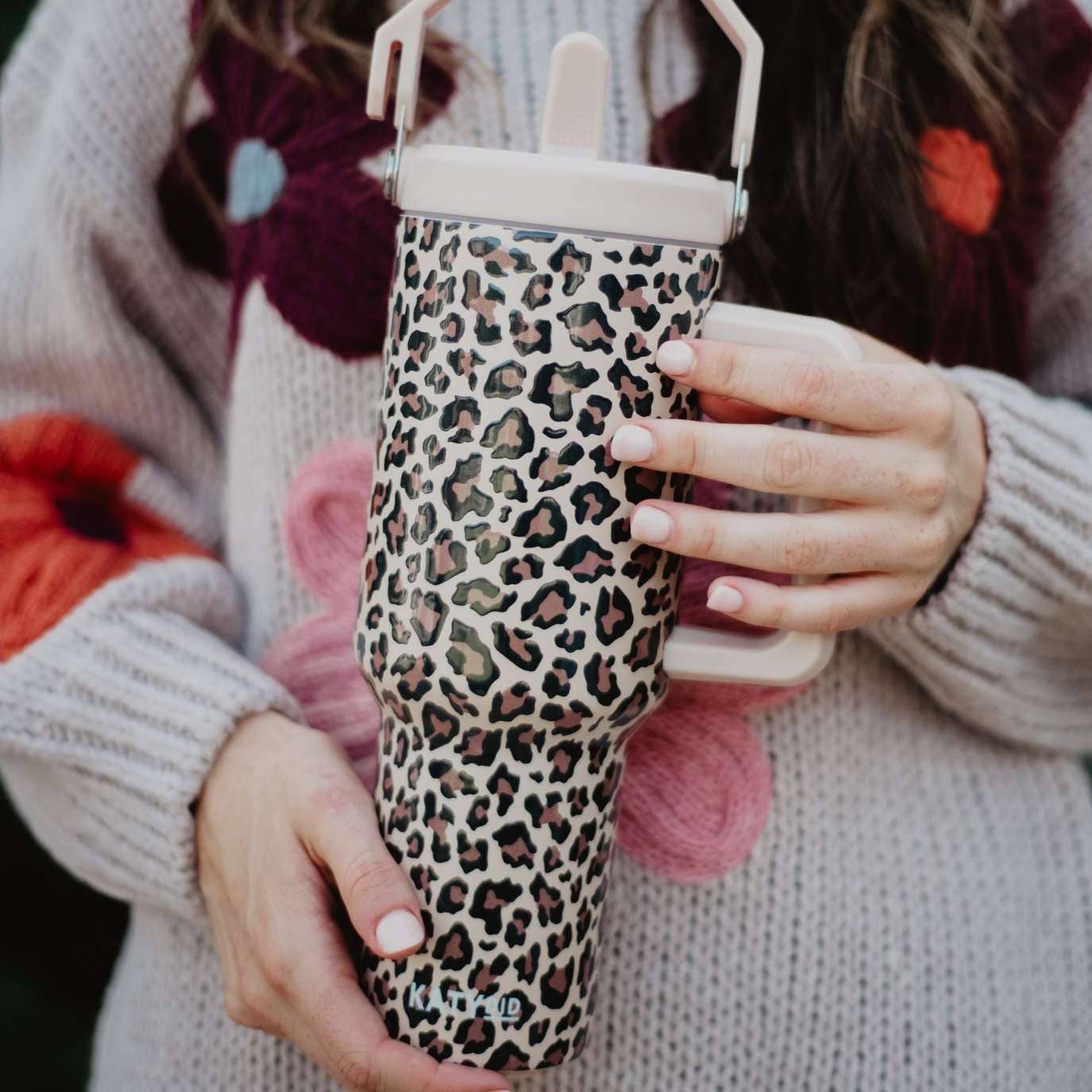 Brown Leopard Metal Tumbler with Lid Handle