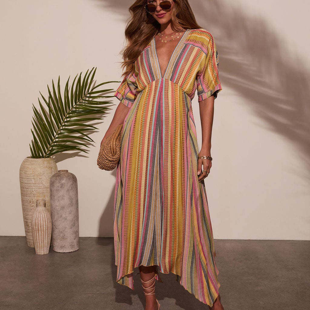 Summer Casual Resort-Style V-Neck Striped Dress: Picture color