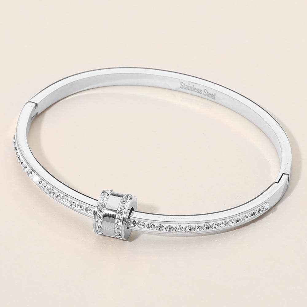 Stainless Steel CZ Pave Hinged Bangle Bracelet