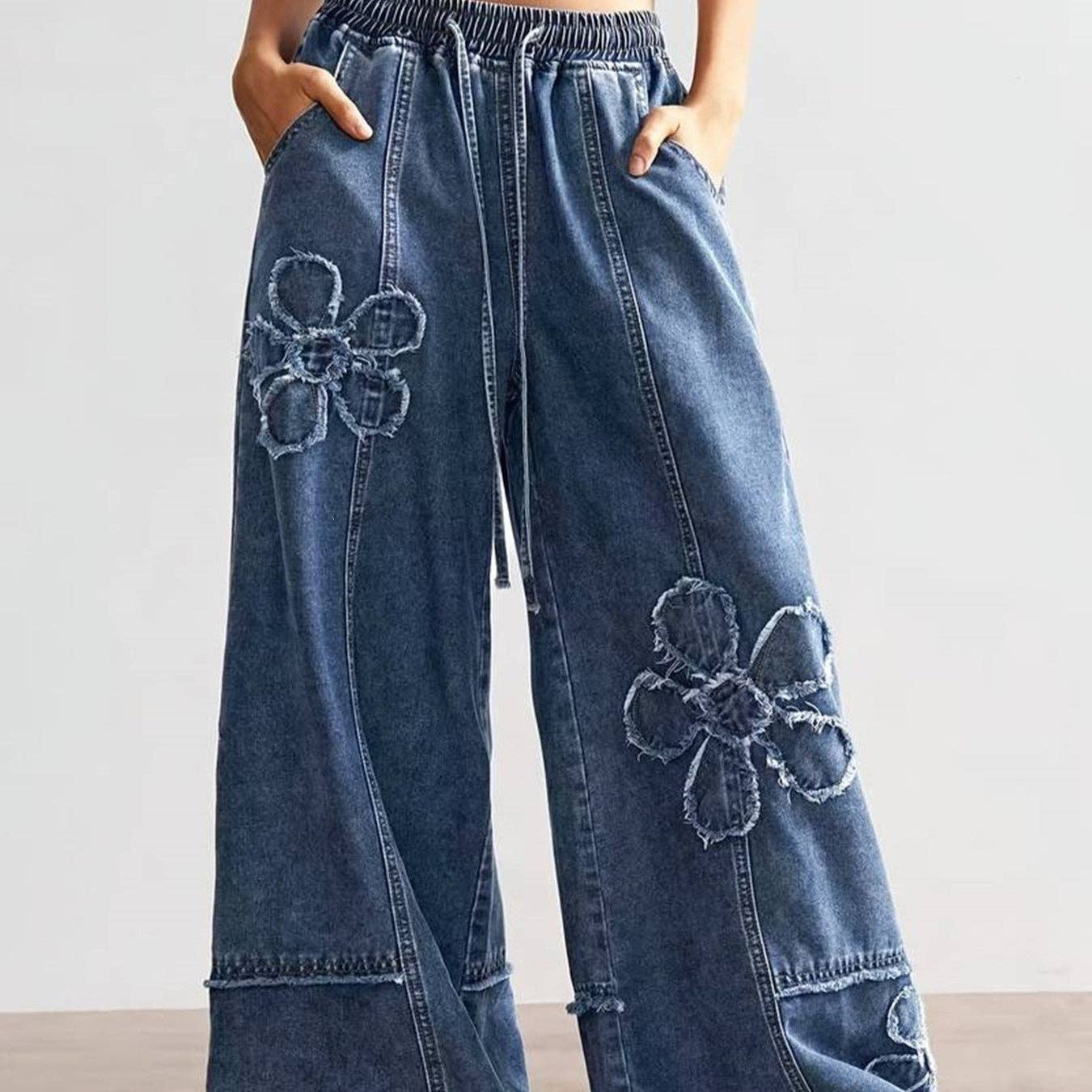 Vintage Boho Floral Patch Wide Leg Denim Pants: Vintage blue / M