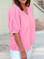 Solid Color V Neck Short Puff Sleeve Blouse | S-4X