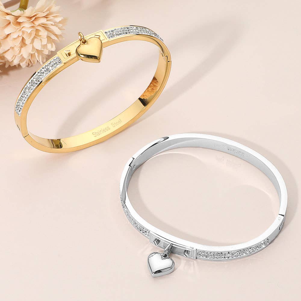 Heart Stone Paved Hinged Bangle Bracelet