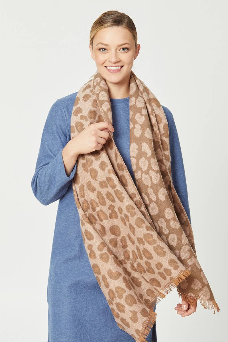 Leopard Pattern Reversible Cozy Scarf with Fringe
