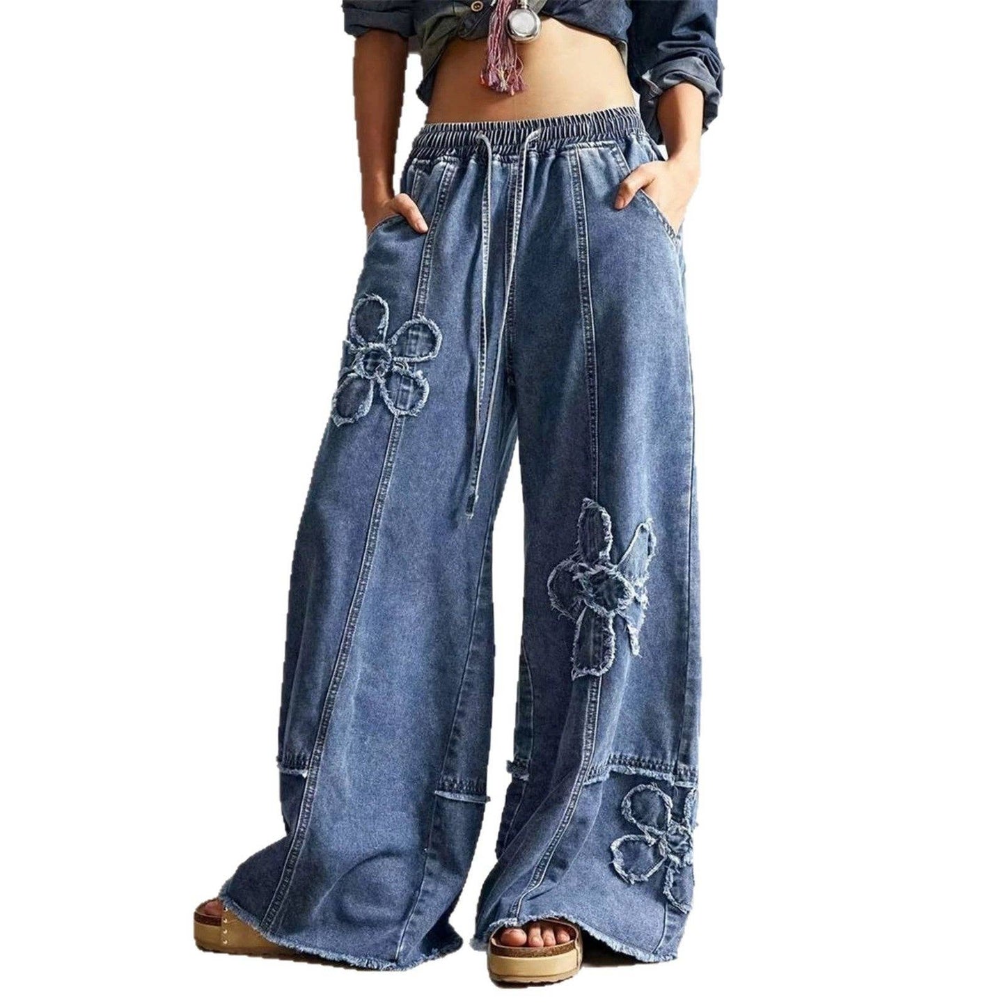 Vintage Boho Floral Patch Wide Leg Denim Pants: Vintage blue / M