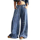 Vintage Boho Floral Patch Wide Leg Denim Pants: Vintage blue / M