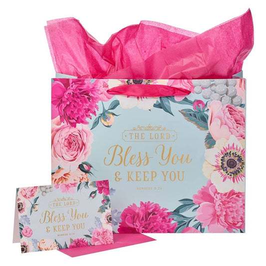 Bless You & Keep You Pink Floral Large Landscape Gift Bag