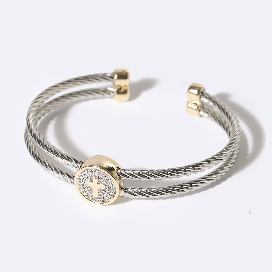 Cross Detail Twisted Double Wire Cuff Bangle Bracelet