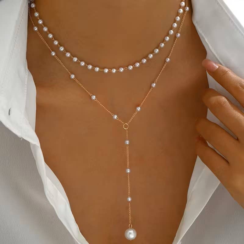 Layered Pearl Necklace Women Gold Y Lariat Choker Dainty