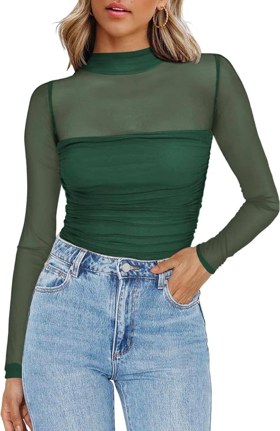 Mesh Sheer Half-Neck Plain Sexy Top