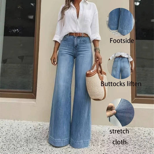 Vintage Washed High Rise Wide Leg Denim Jeans: Blue / L