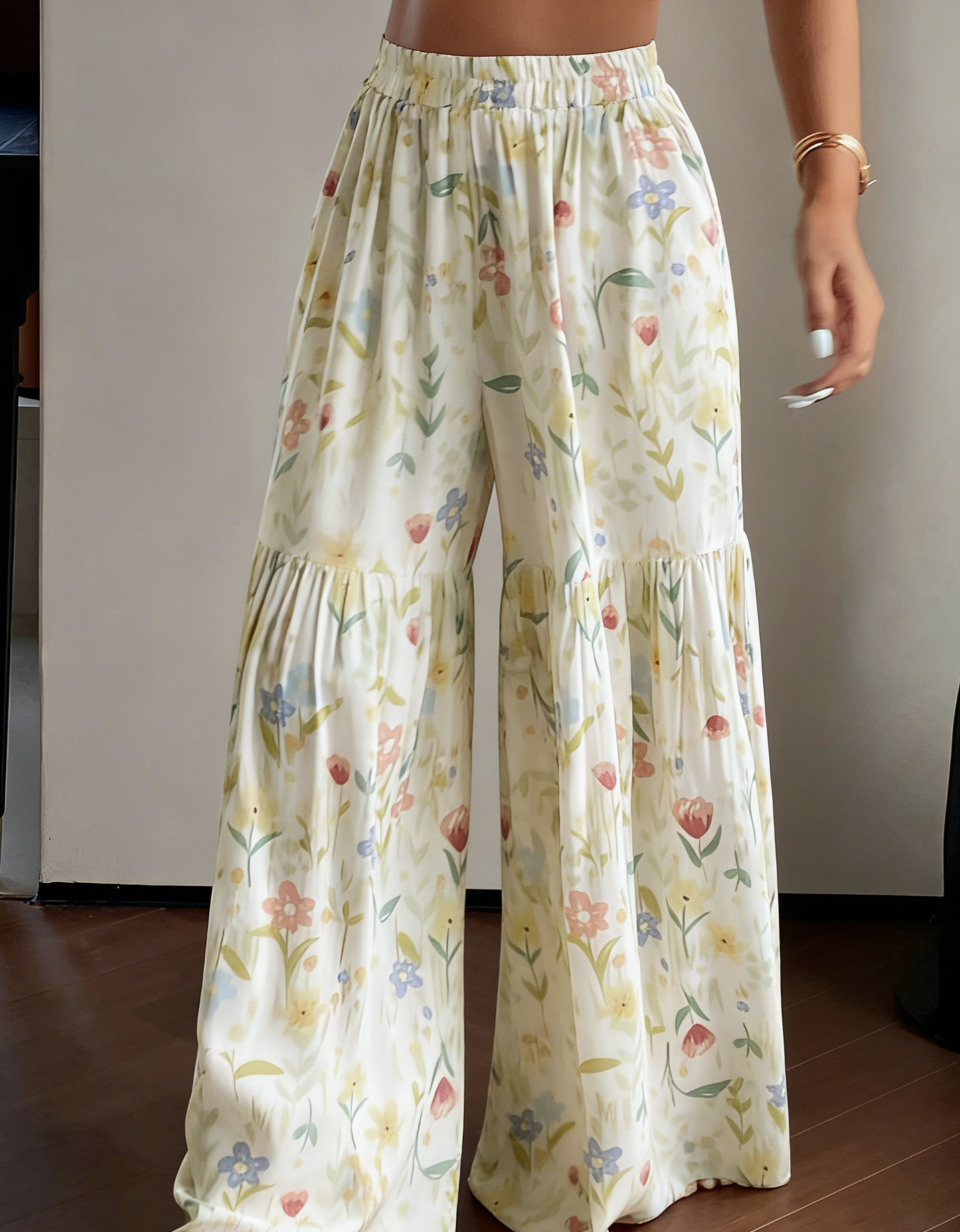 Boho Floral Wide-leg Pants Flare Tiered Trousers