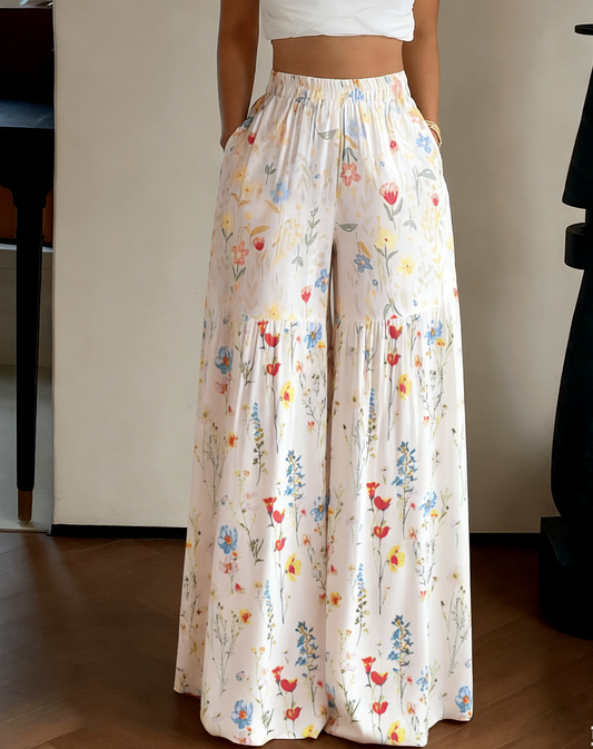 Boho Floral Wide-leg Pants Flare Tiered Trousers