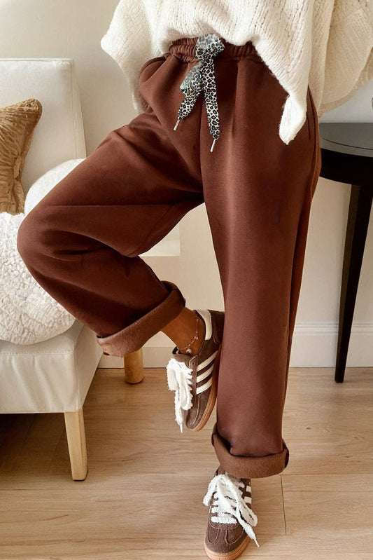 FB Leopard Drawstring Fleece Lined Elastic Waist Pants