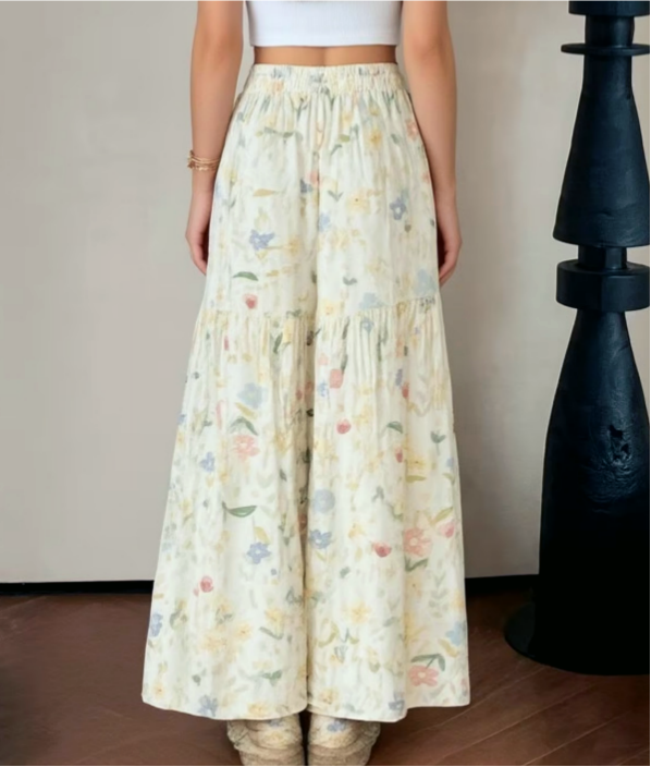 Boho Floral Wide-leg Pants Flare Tiered Trousers