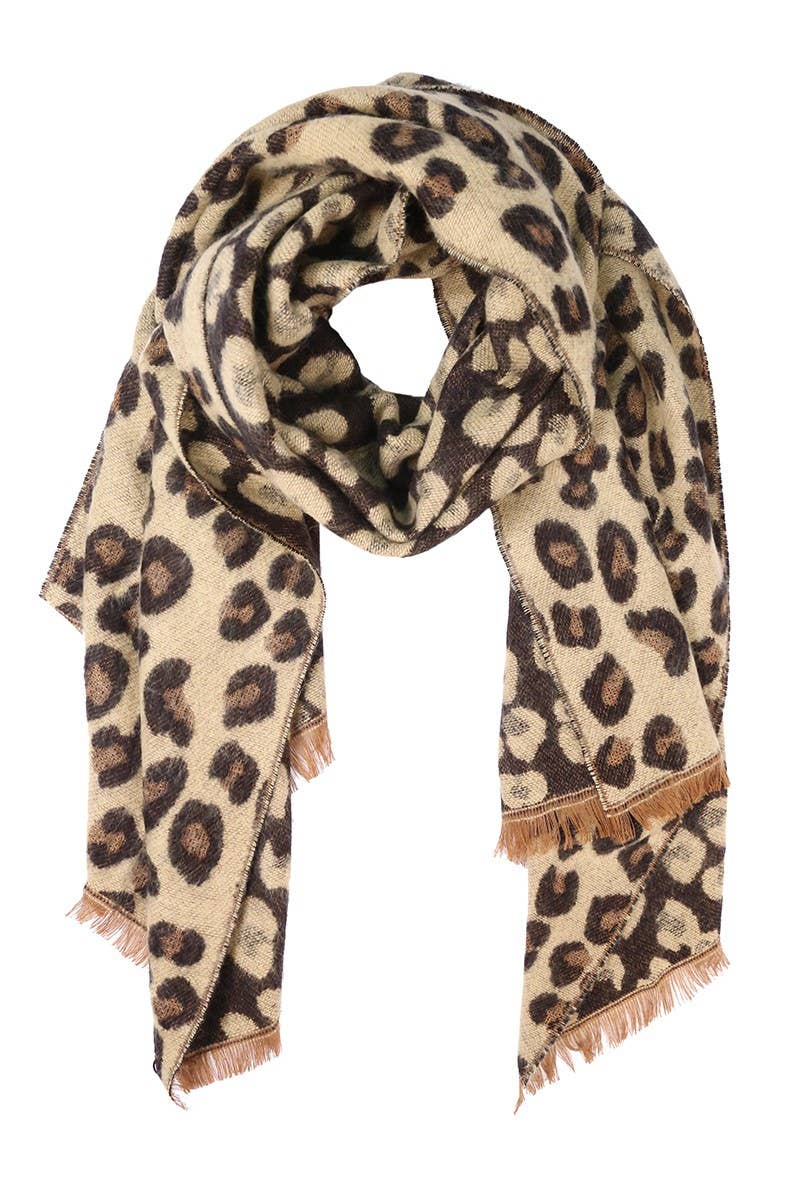 Leopard Pattern Reversible Cozy Scarf with Fringe