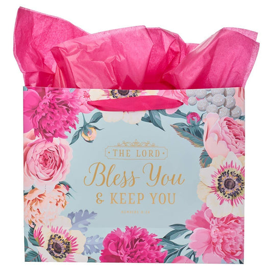 Bless You & Keep You Pink Floral Large Landscape Gift Bag