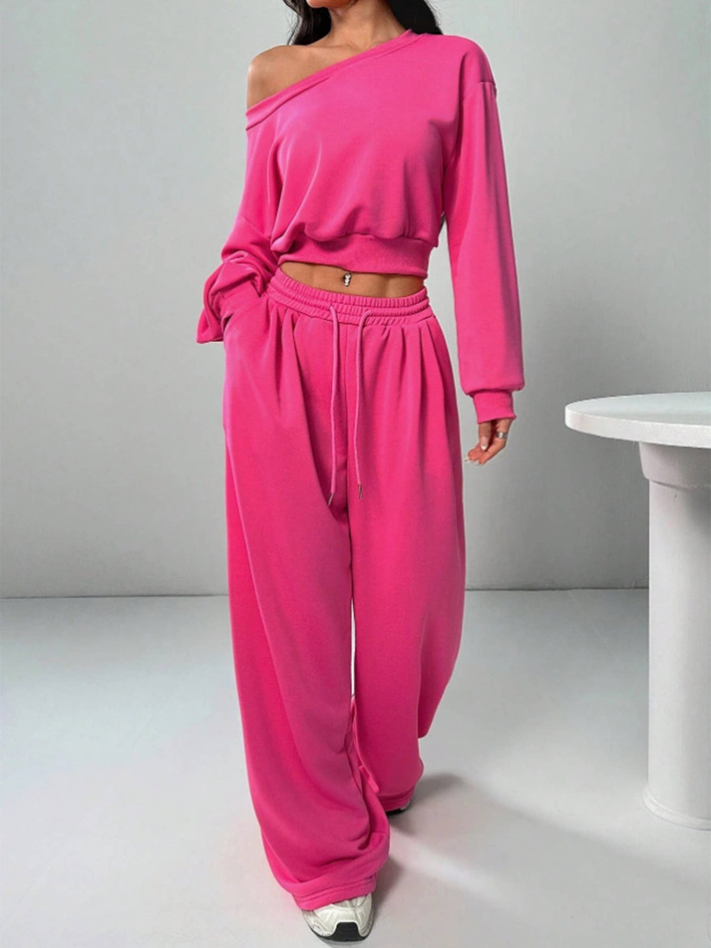 Off Shoulder Knitted Short Sleeved Long Pants Set
