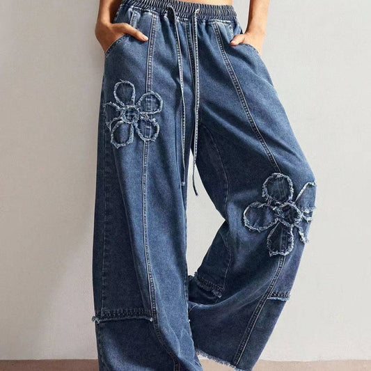 Vintage Boho Floral Patch Wide Leg Denim Pants: Vintage blue / M