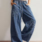 Vintage Boho Floral Patch Wide Leg Denim Pants: Vintage blue / M