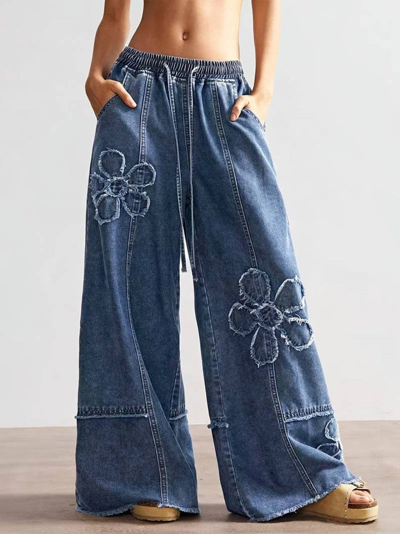 Vintage Boho Floral Patch Wide Leg Denim Pants: Vintage blue / M