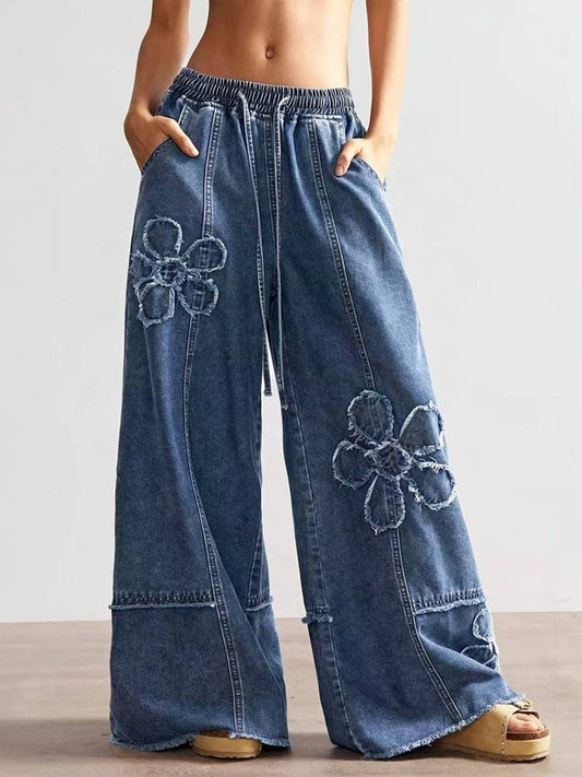 Vintage Boho Floral Patch Wide Leg Denim Pants: Vintage blue / M