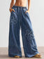 Vintage Boho Floral Patch Wide Leg Denim Pants: Vintage blue / M