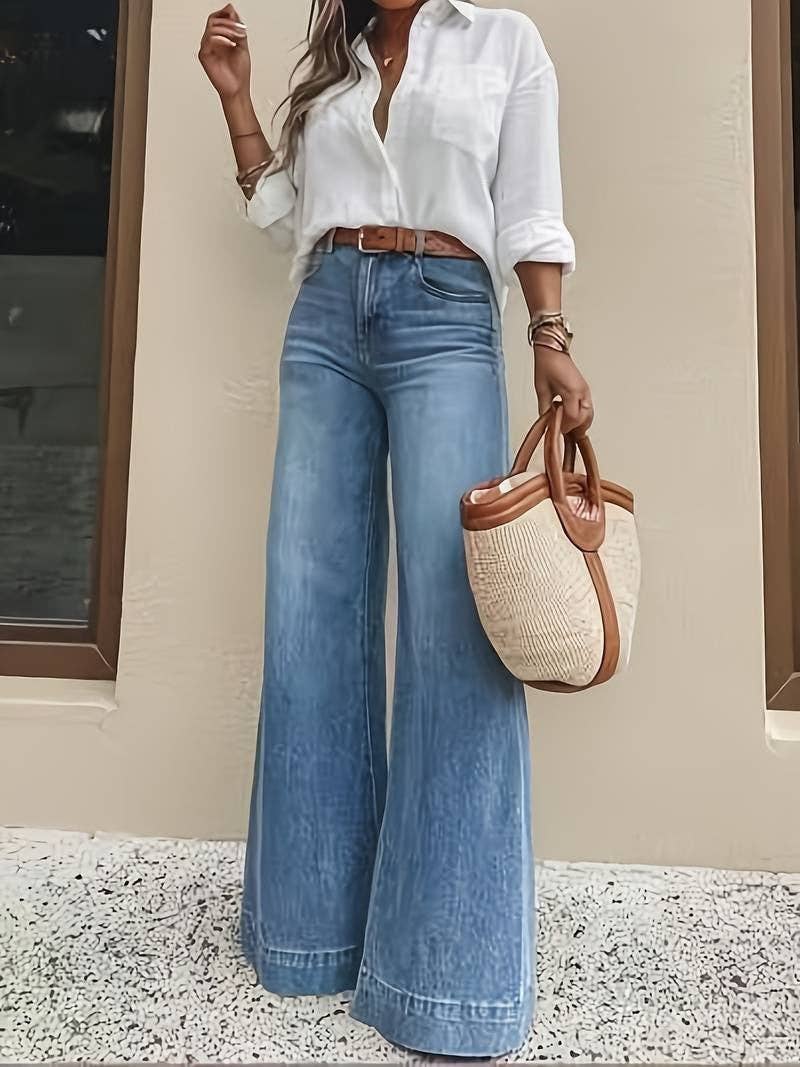 Vintage Washed High Rise Wide Leg Denim Jeans: Blue / M