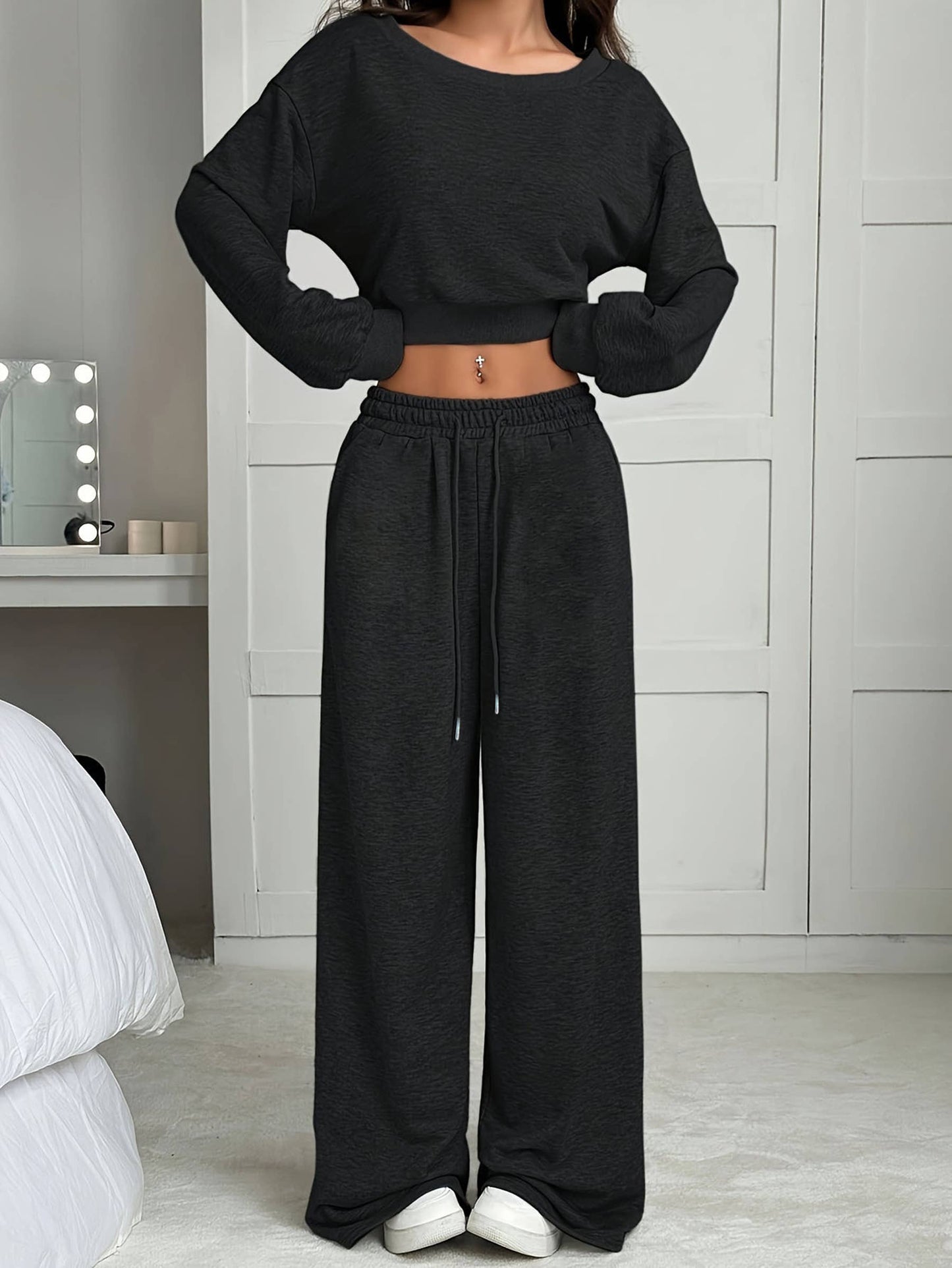 Off Shoulder Knitted Short Sleeved Long Pants Set