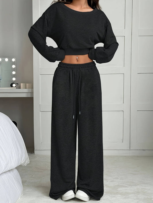 Off Shoulder Knitted Short Sleeved Long Pants Set