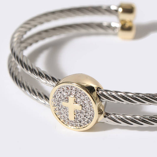 Cross Detail Twisted Double Wire Cuff Bangle Bracelet