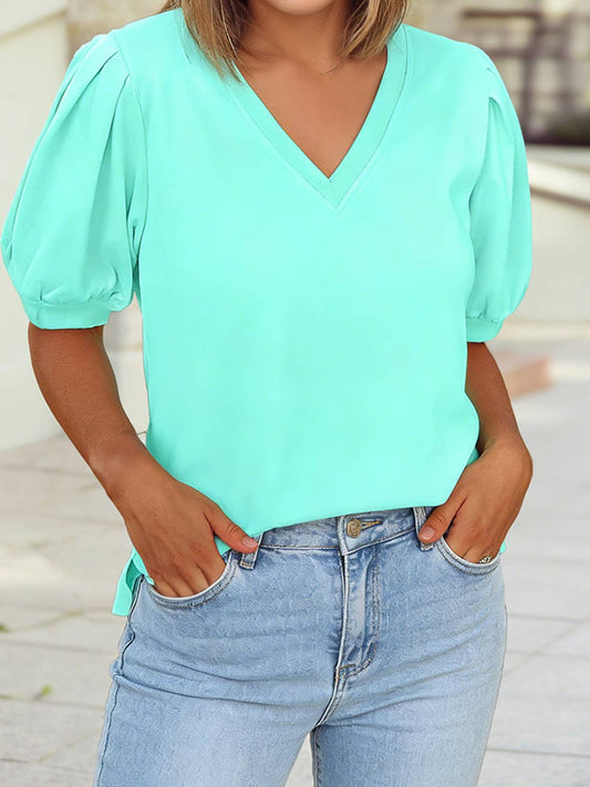 Solid Color V Neck Short Puff Sleeve Blouse | S-4X