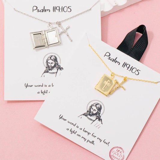 Crucifix And Bible Locket Pendant Necklace