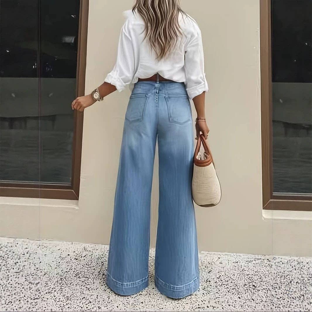 Vintage Washed High Rise Wide Leg Denim Jeans: Blue / M